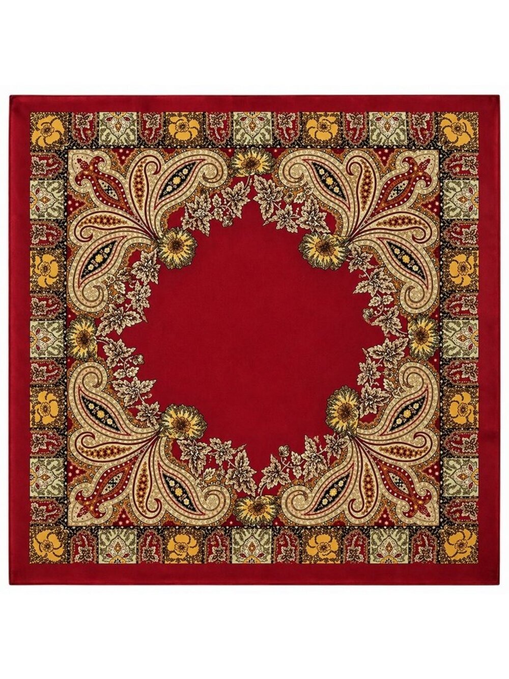 Luxury Paisley Floral Satin Scarf for Women – 35” Square Burgundy Red Gold Sage